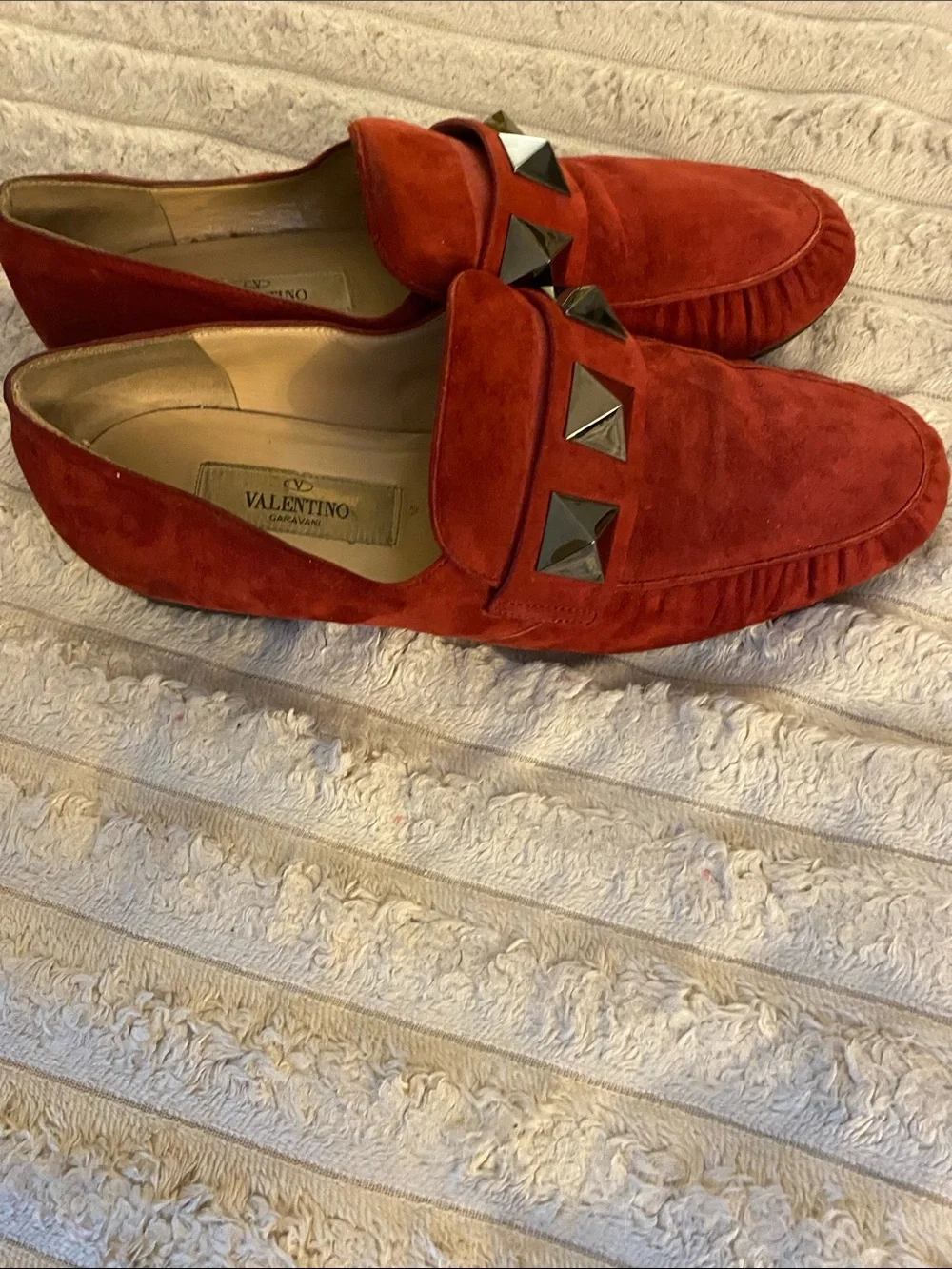Valentino Red Suede Loafers with Pyramid Studs